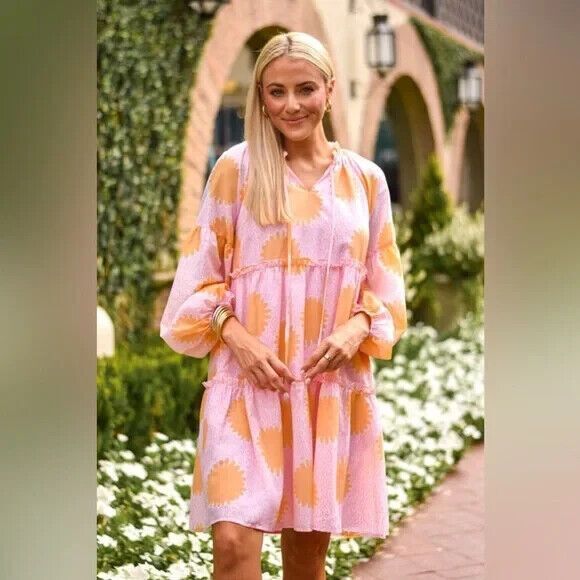 NWT J. Marie Sarah Dress Tiered Babydoll Balloon Slv Pockets Pink Orange Flowy S - Picture 1 of 15